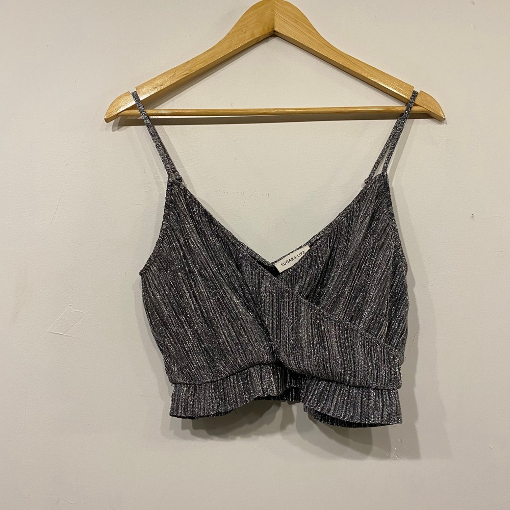Sugar + Lips Metallic Silver Pleated Wrap Crop Top Shimmer Cami Small